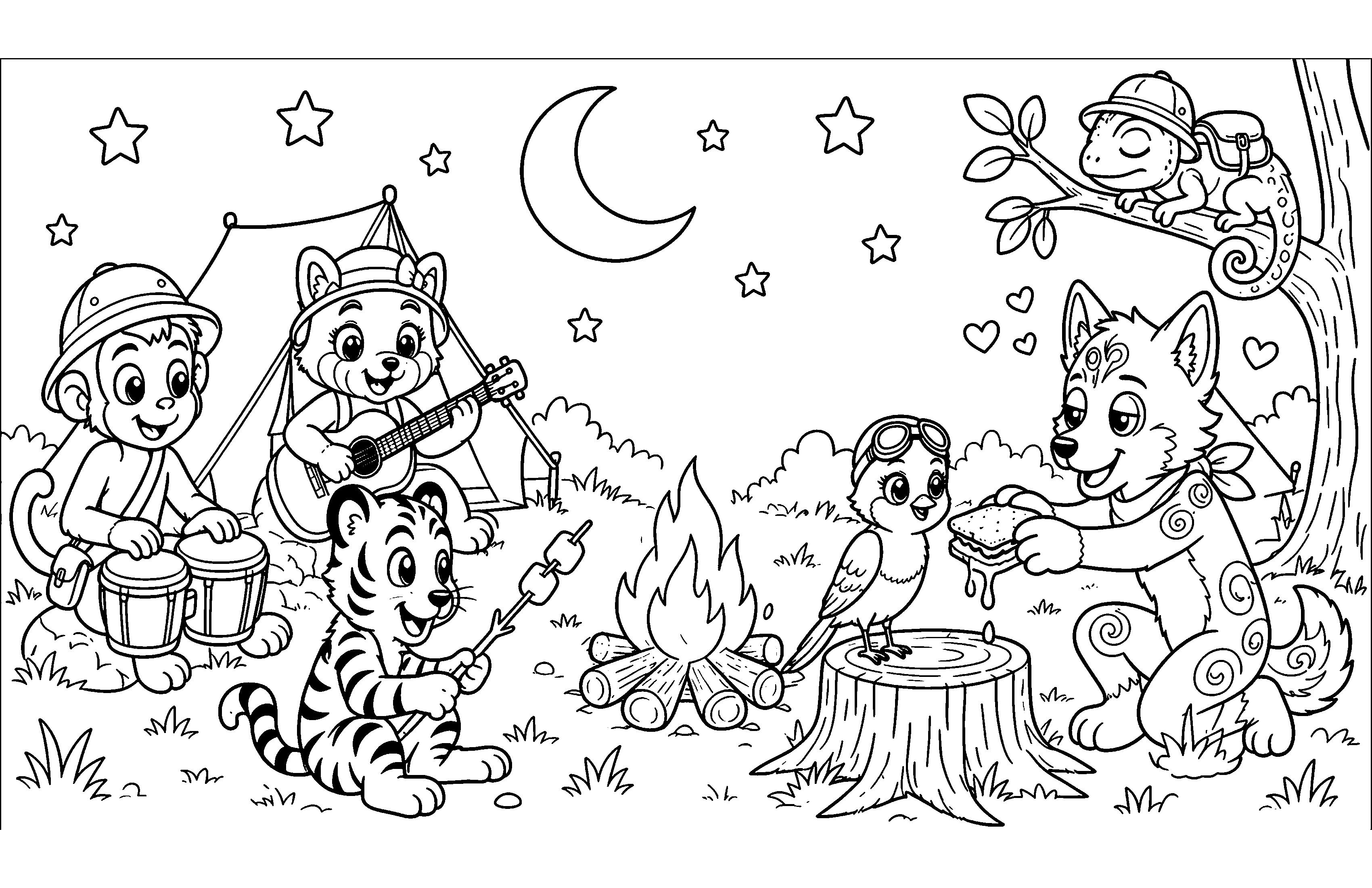 Campfire coloring spread with the whole crew