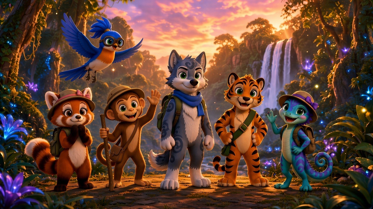 Storm and the crew, Bella, Bongo, Sunny, Veronica and Allie, on a jungle trail at sunset by a waterfall
